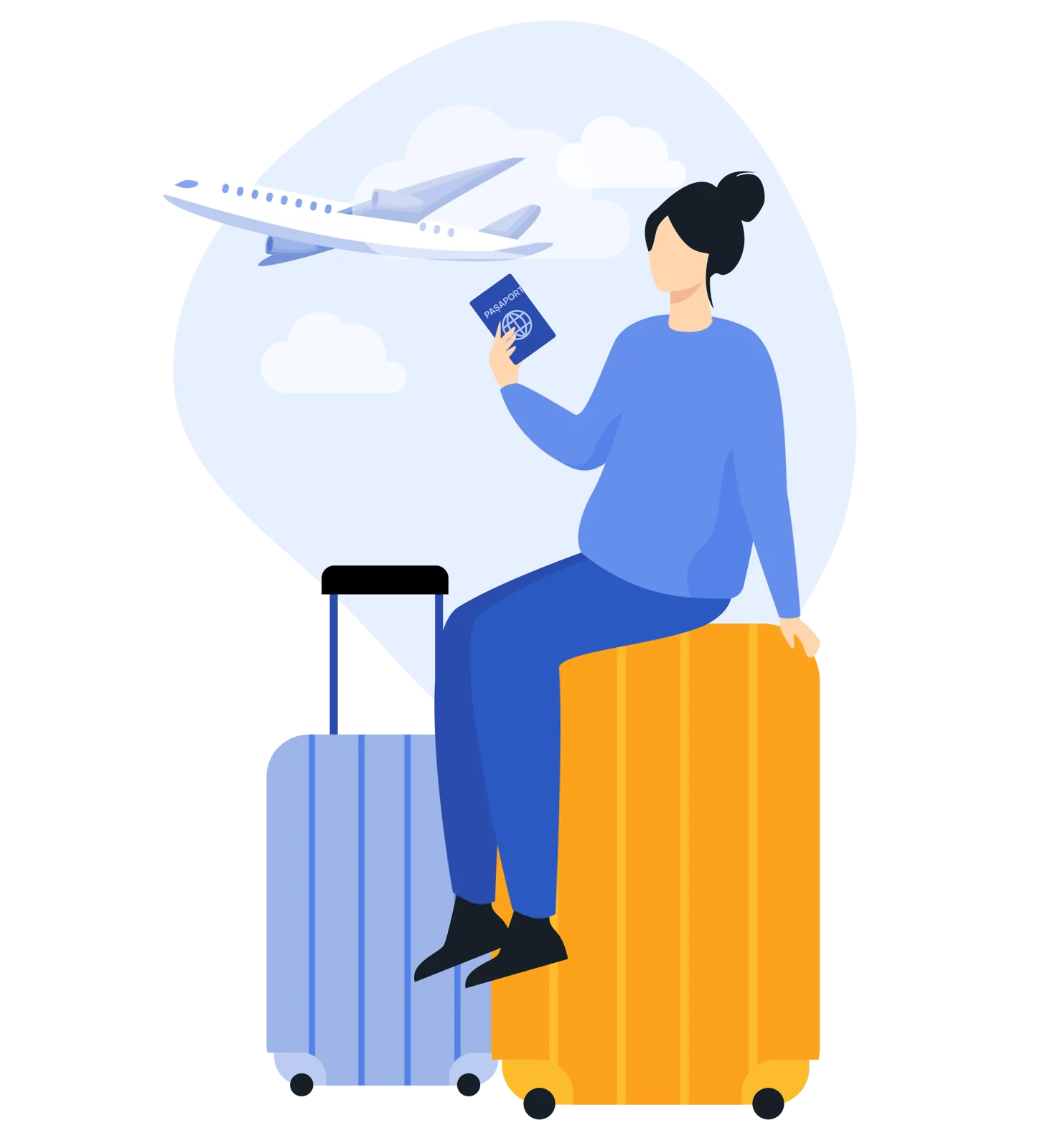 Ilustrație cu o persoană pregătită de călătorie, cu pașaport și bagaje, lângă un avion – asigurare de călătorie Pago
